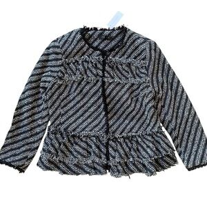 Ann Taylor Tweed Knit Peplum Ruffle Fringe Jacket Black Striped Size 6